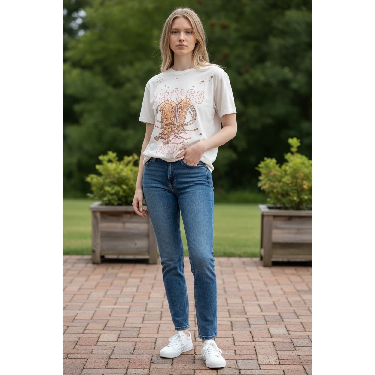 Altard State Lets Go Girls Distressed Graphic Tee Cream Western Cowboy Boots L